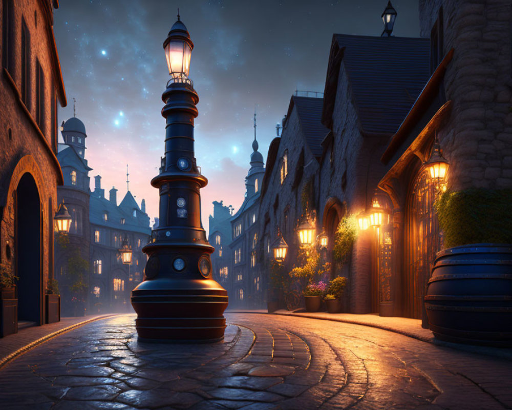 Vintage street lamps illuminate cobblestone street at dusk