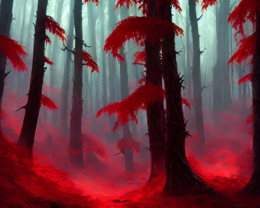 Enchanting forest scene: tall dark trunks, vibrant red leaves, soft fog