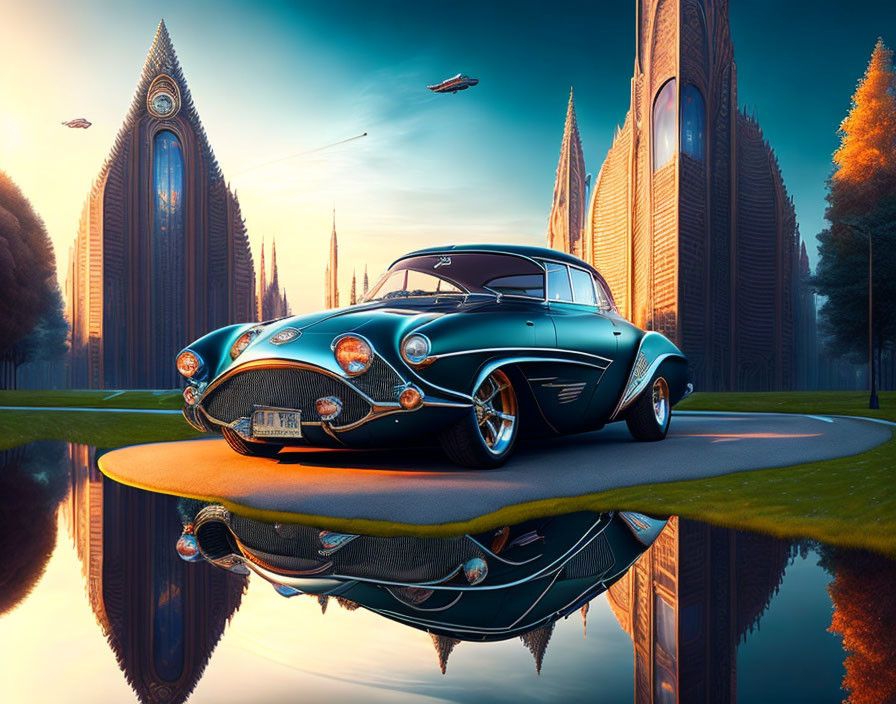 Classic blue car parked in futuristic city with floating vehicles at golden hour