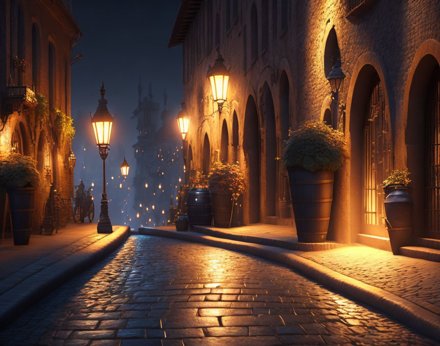 Nighttime cobblestone street with classical architecture and glowing street lamps.