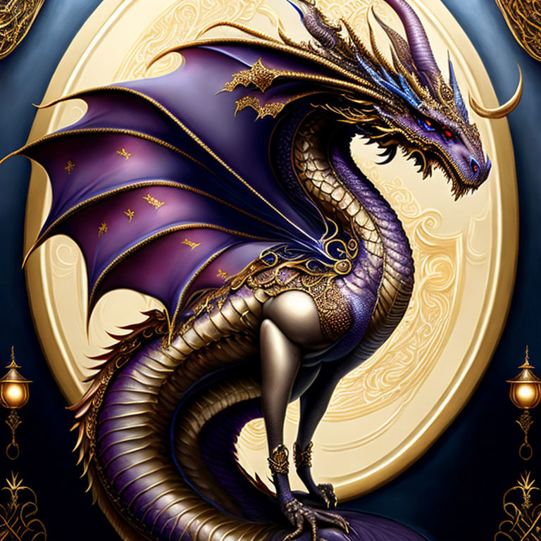 Detailed Purple and Gold Dragon Illustration on Ornate Starry Background