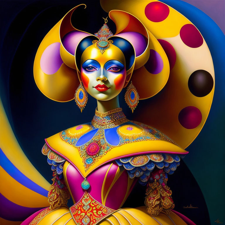 Colorful Stylized Female Figure with Elaborate Attire and Geometric Background