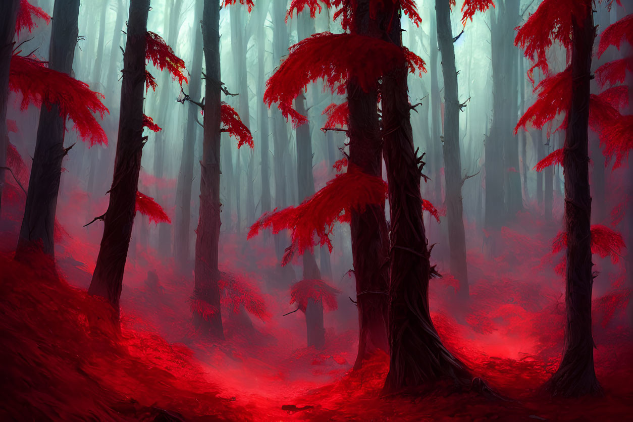 Enchanting forest scene: tall dark trunks, vibrant red leaves, soft fog