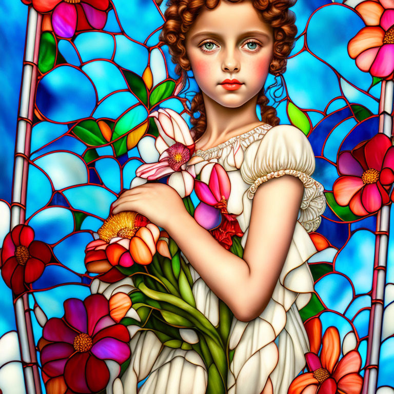 Colorful Stained Glass Flower Motif Surrounds Young Girl with Bouquet