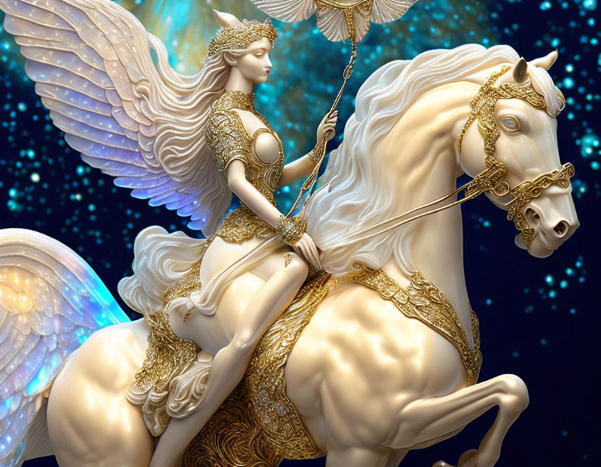 Golden-armored winged female on white horse in starry sky