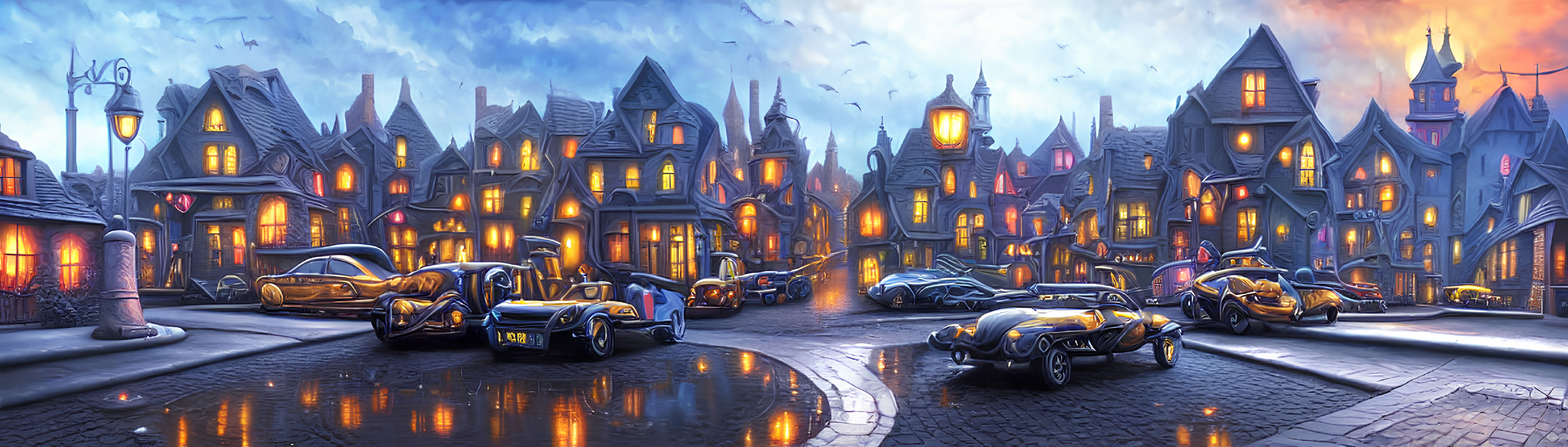 Colorful street scene with vintage cars and ornate buildings at dusk