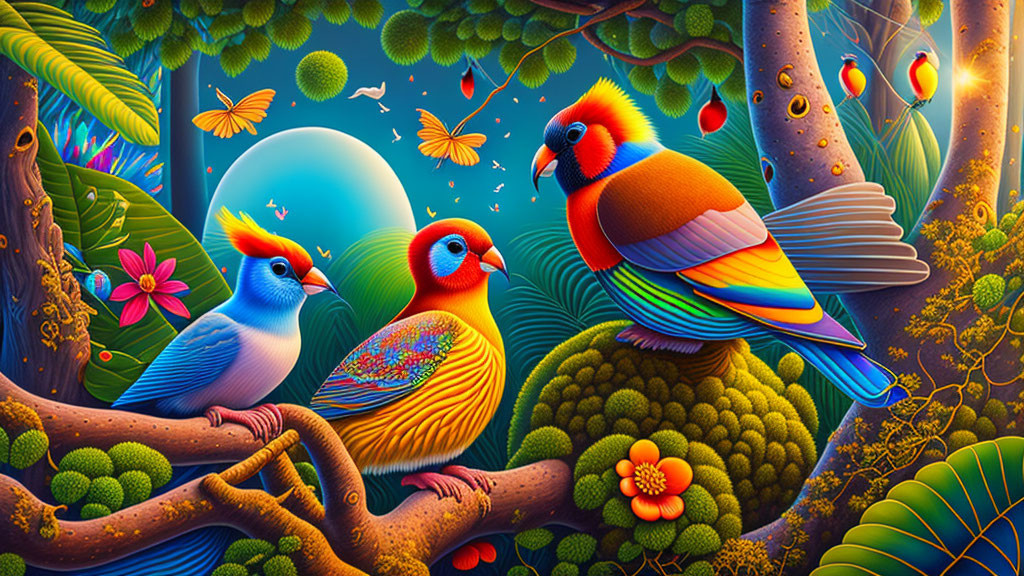 Colorful illustration: Stylized birds, lush foliage, blue moon, floating leaves