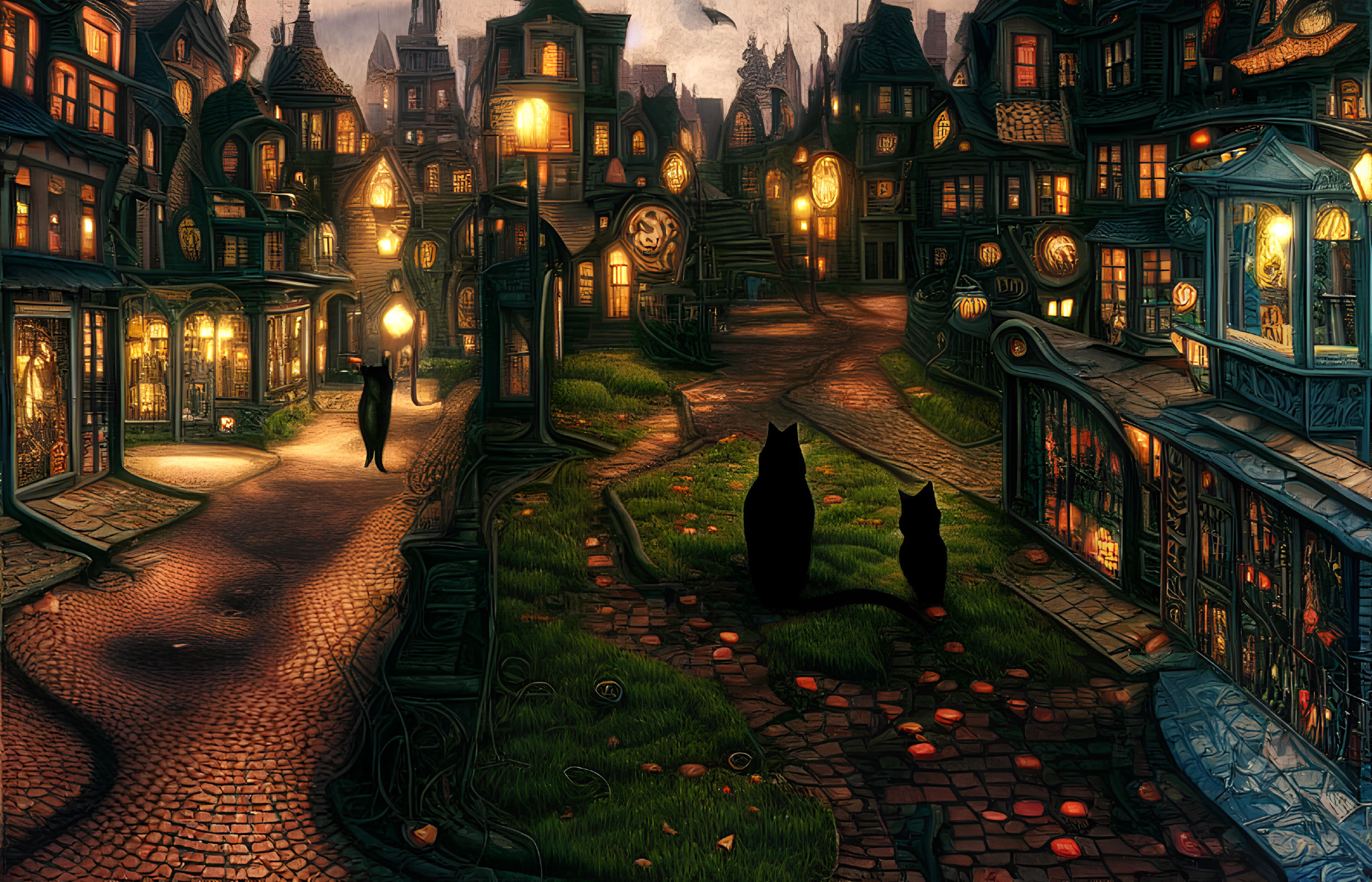 Twilight scene with lantern-lit street, Victorian houses, cats, and figure