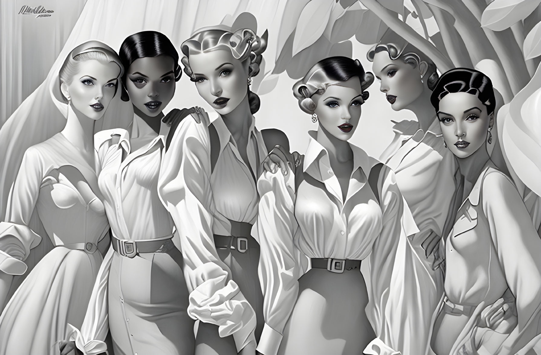 Monochromatic illustration of five stylish women in vintage hairstyles and white blouses under leafy branches