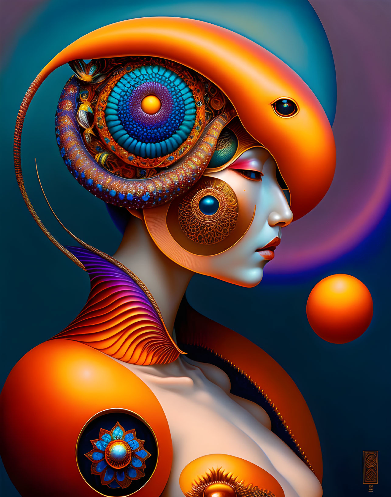 Vibrant digital artwork of stylized female form with intricate patterns and ornate headdress on cool