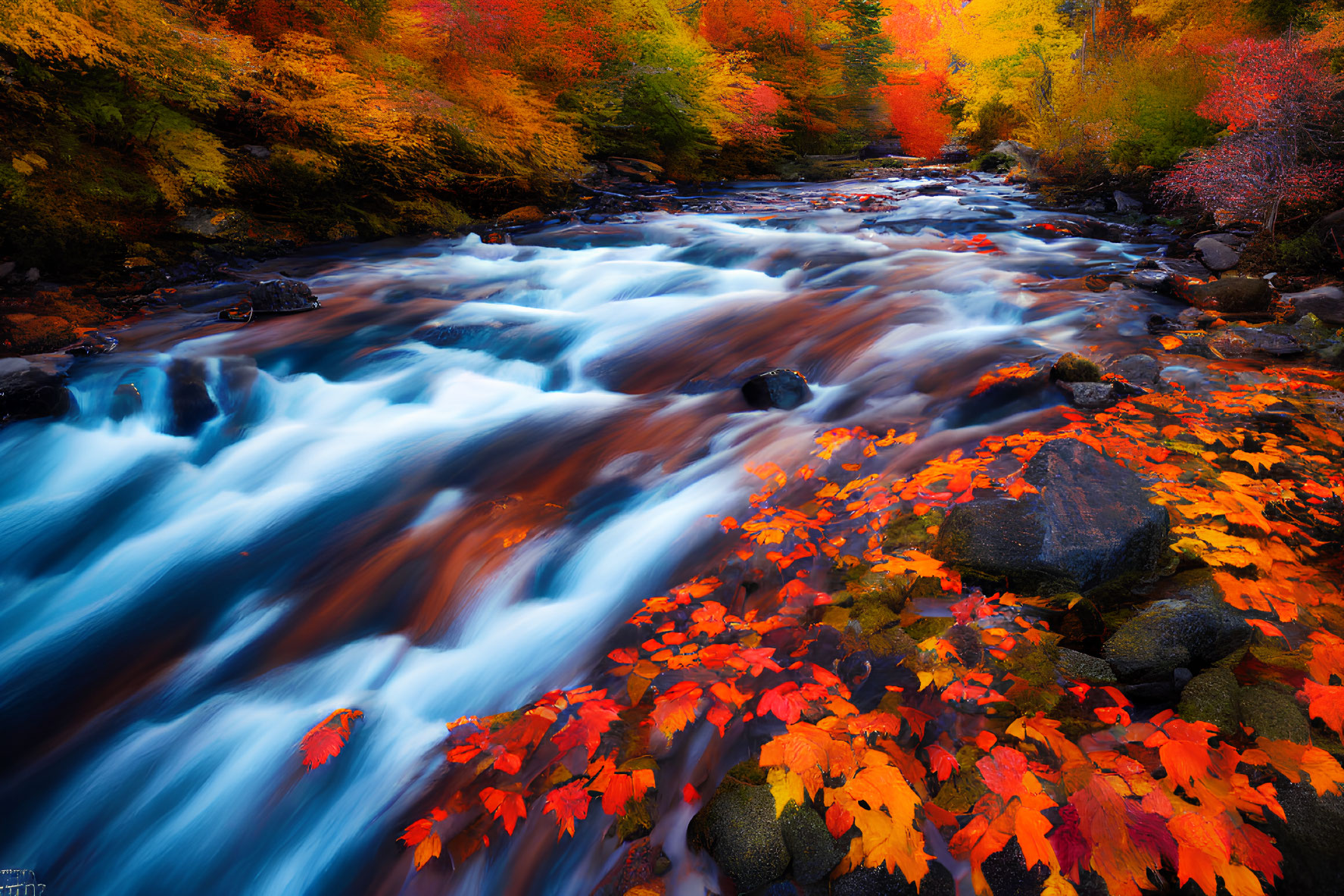 Colorful Autumn River Landscape with Trees and Fallen Leaves