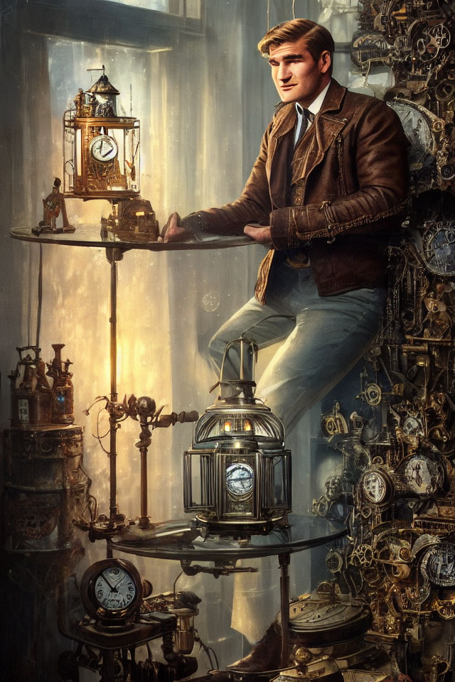 Man in vintage outfit with steampunk clocks and machinery.