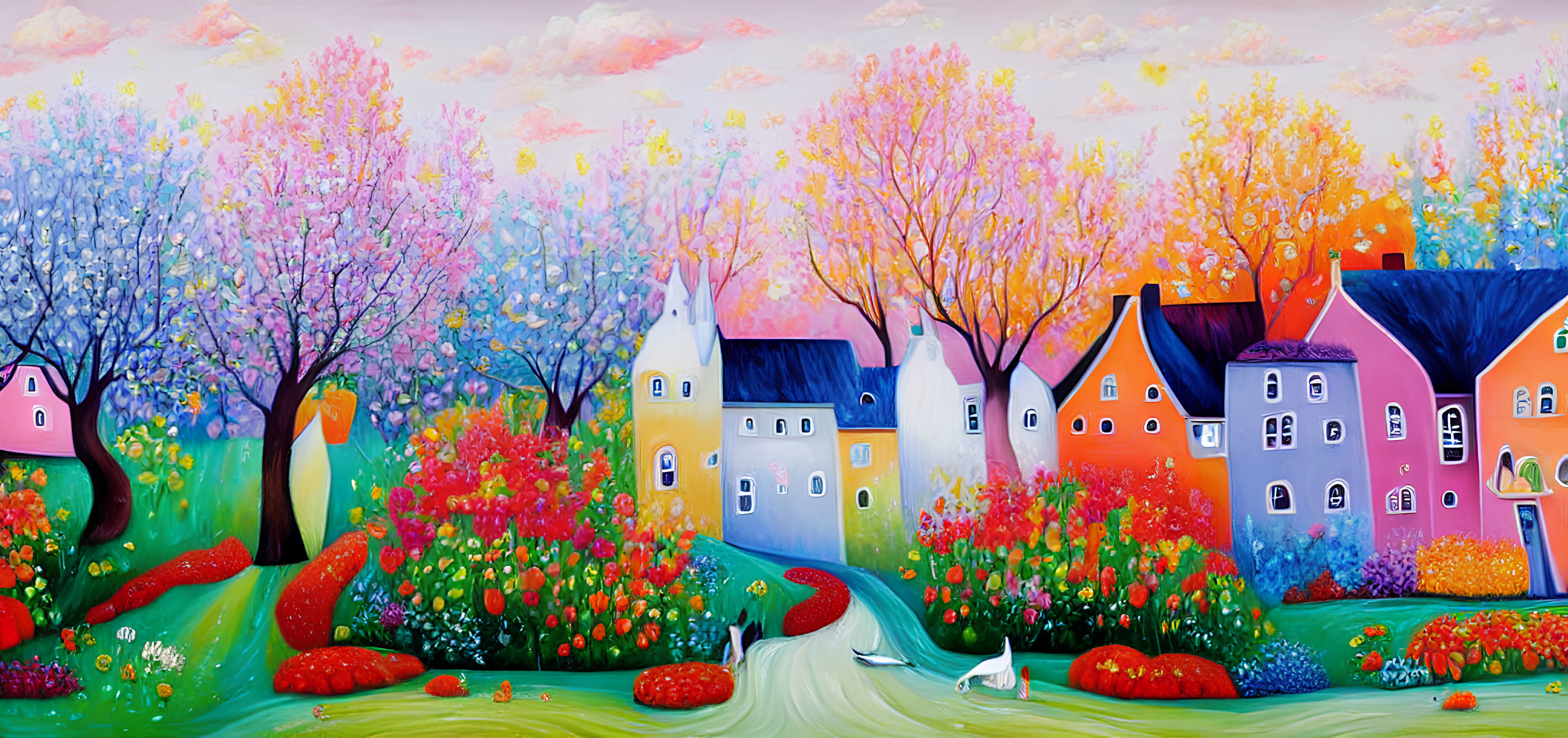 Colorful painting of whimsical village with blooming trees, flowers, and river scene.