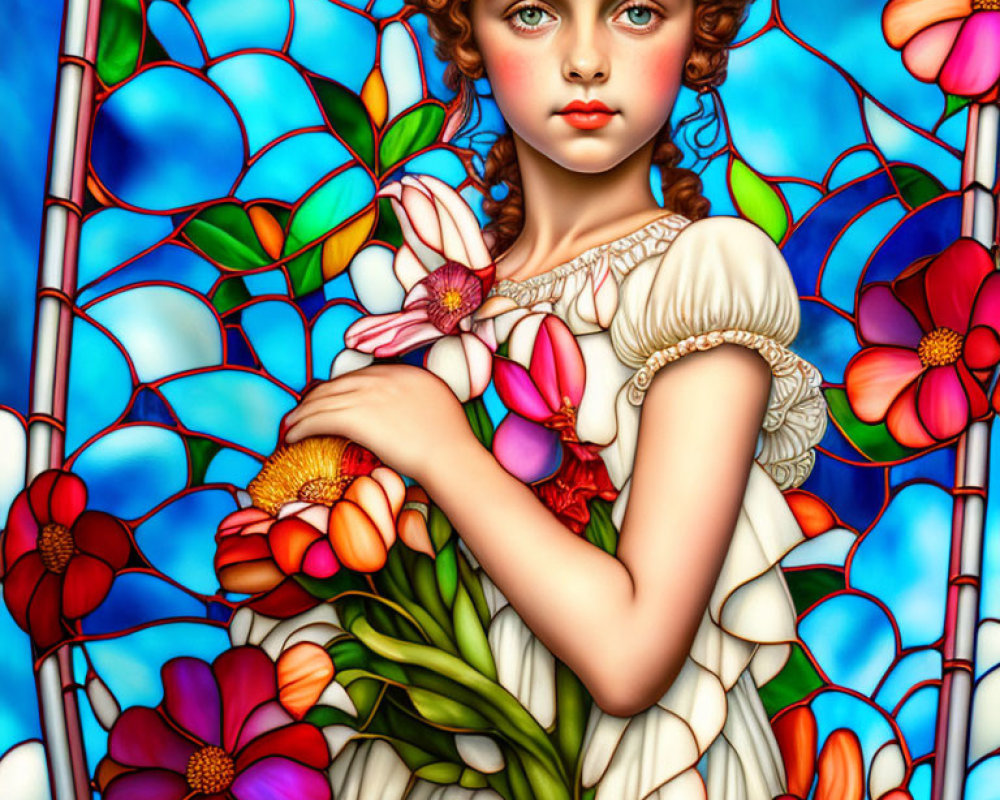 Colorful Stained Glass Flower Motif Surrounds Young Girl with Bouquet