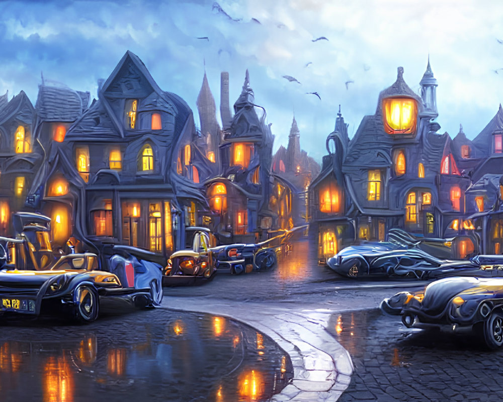 Colorful street scene with vintage cars and ornate buildings at dusk