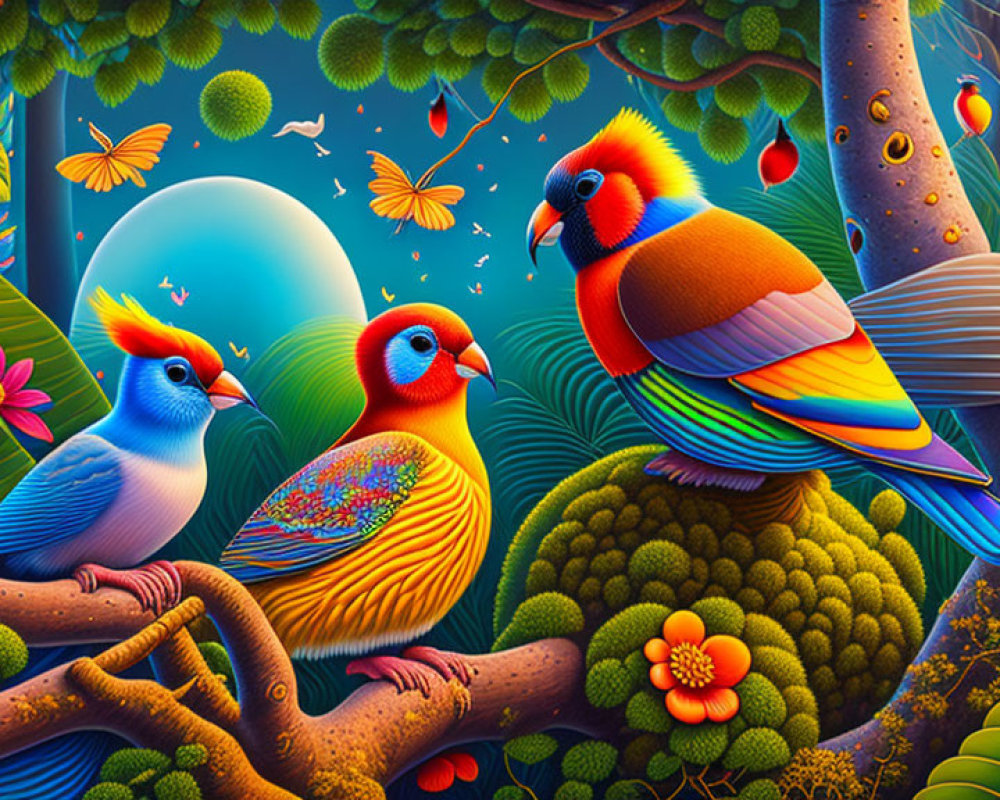 Colorful illustration: Stylized birds, lush foliage, blue moon, floating leaves