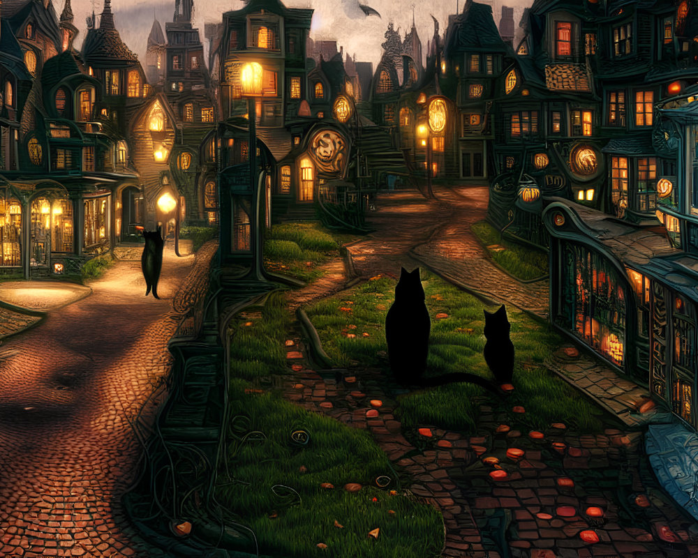 Twilight scene with lantern-lit street, Victorian houses, cats, and figure