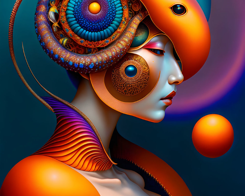 Vibrant digital artwork of stylized female form with intricate patterns and ornate headdress on cool