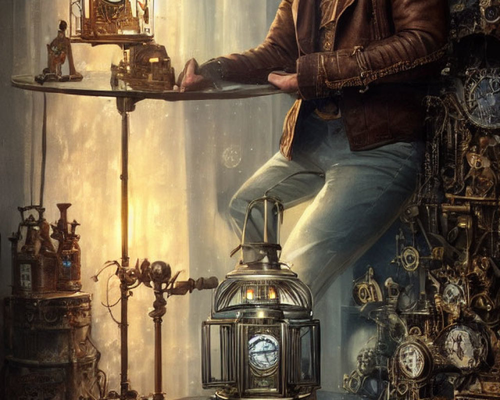 Man in vintage outfit with steampunk clocks and machinery.