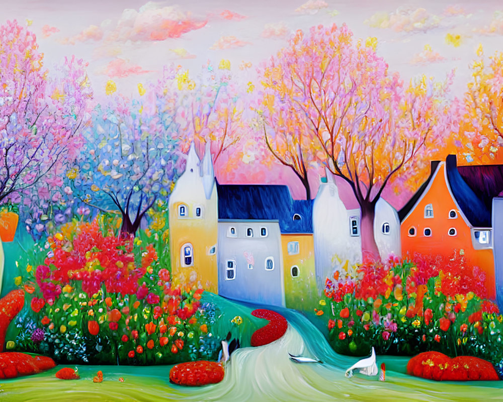 Colorful painting of whimsical village with blooming trees, flowers, and river scene.