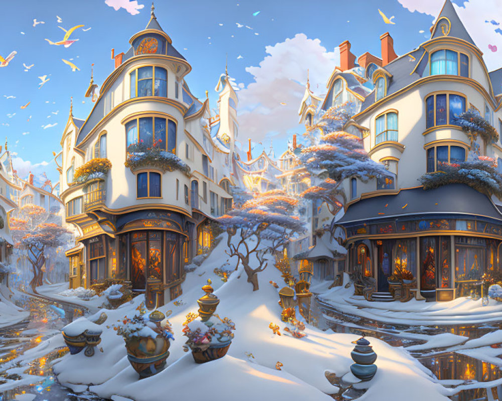 Snow-covered buildings and cobblestone street in panoramic winter scene