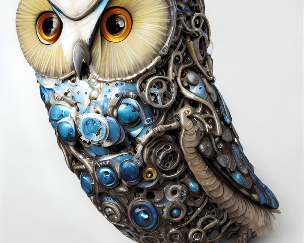 Steampunk-style mechanical owl with metal feathers and clockwork in blue and bronze