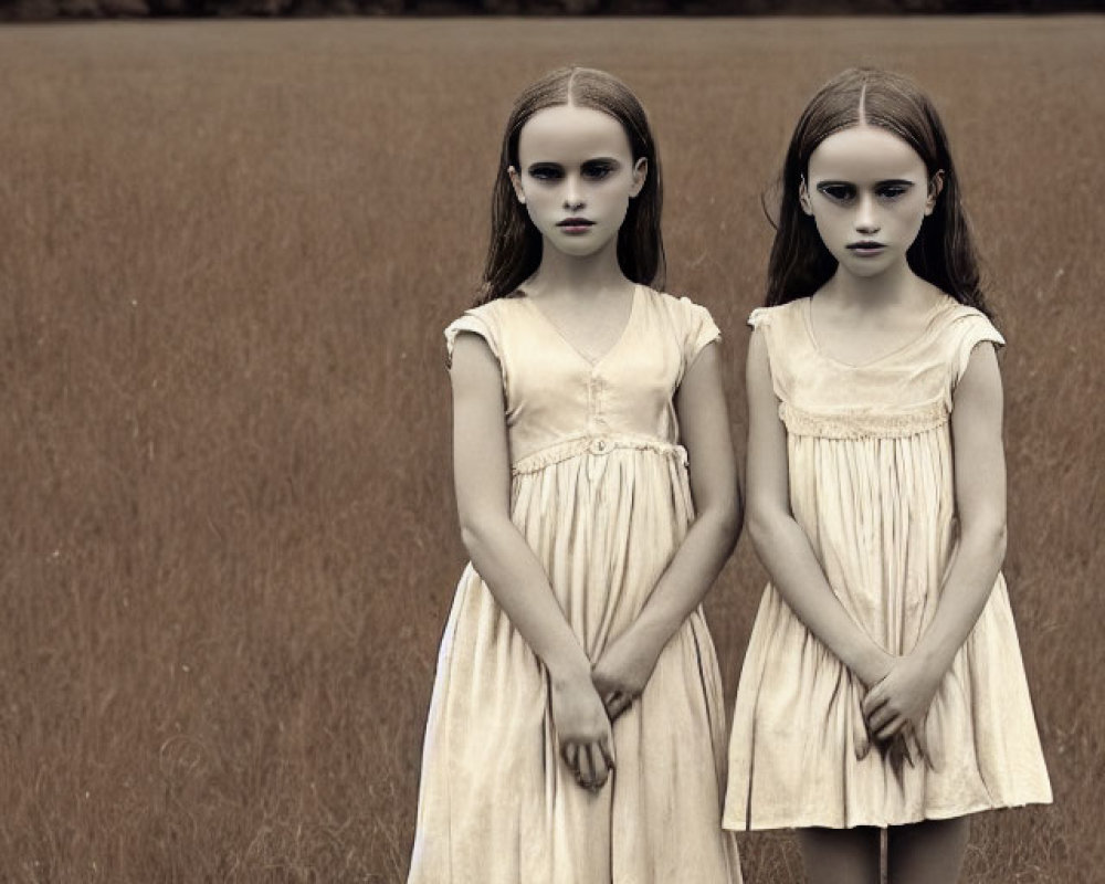 Vintage dresses: Two girls in sepia-toned field with blurred faces