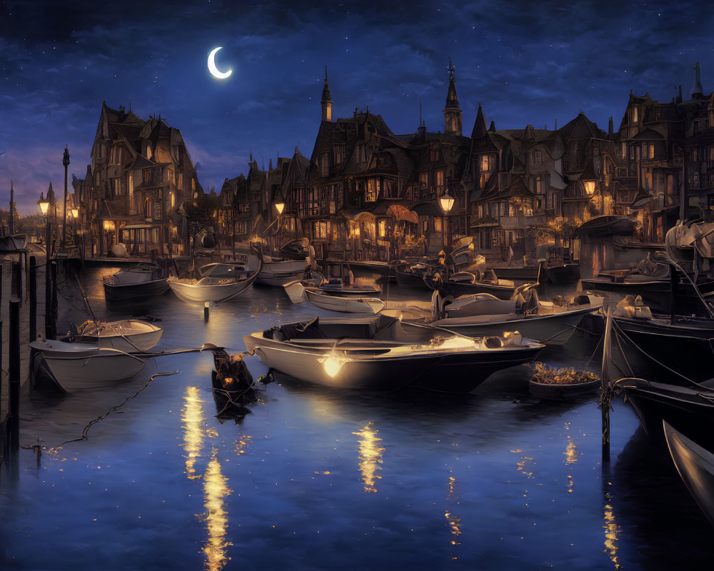 Tranquil harbor night scene with moored boats and city lights reflected under crescent moon