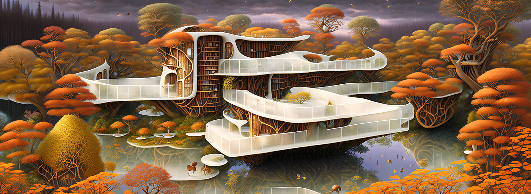 Futuristic multi-level treehouse in whimsical autumn landscape