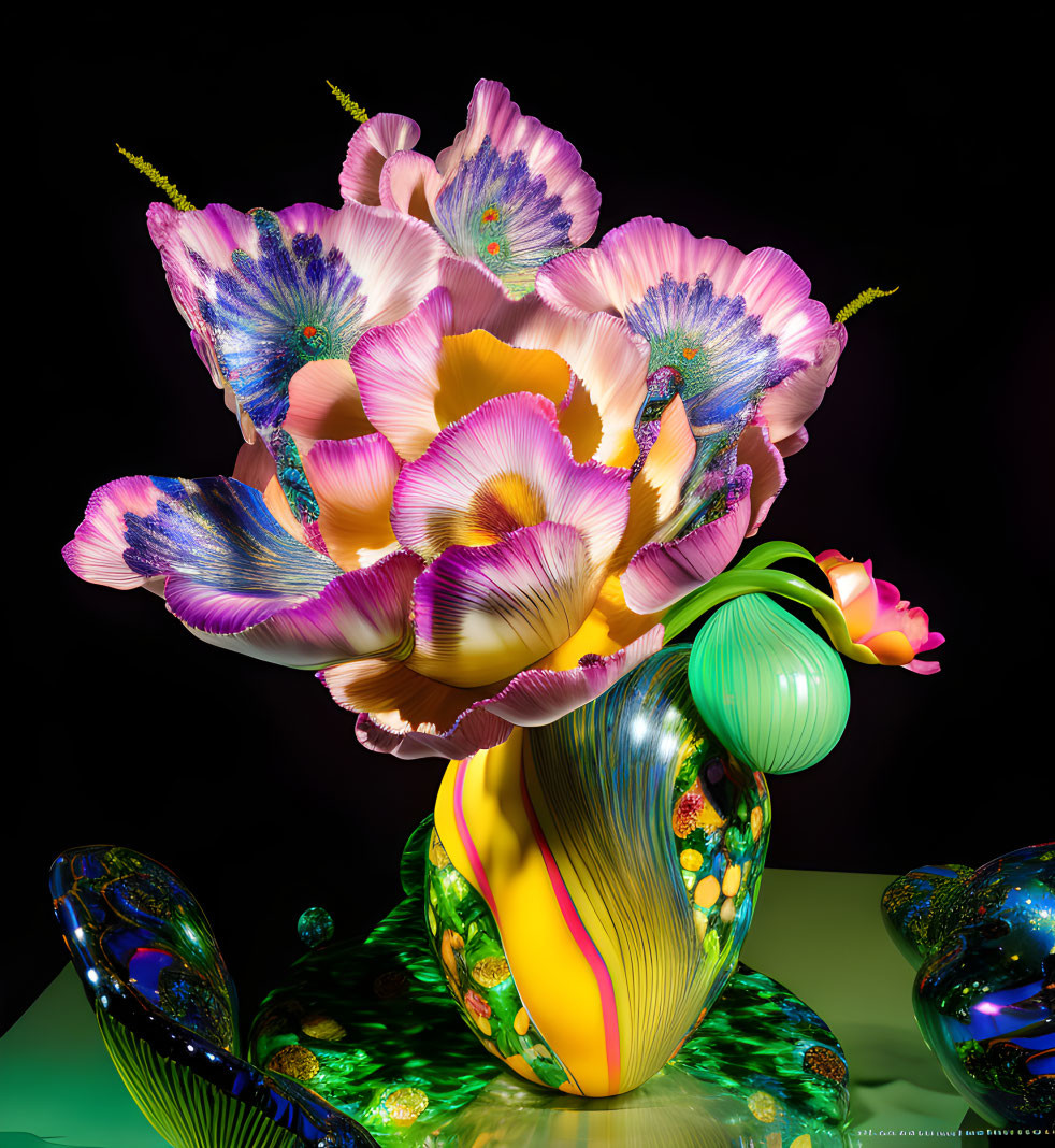 Colorful Glass Sculpture of Bouquet in Swirled Vase on Dark Background