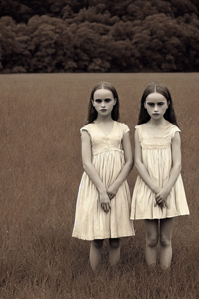 Vintage dresses: Two girls in sepia-toned field with blurred faces