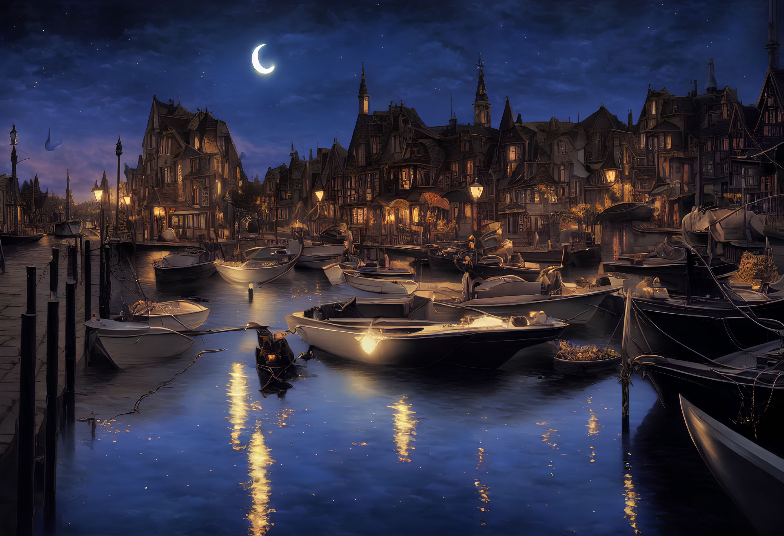 Tranquil harbor night scene with moored boats and city lights reflected under crescent moon