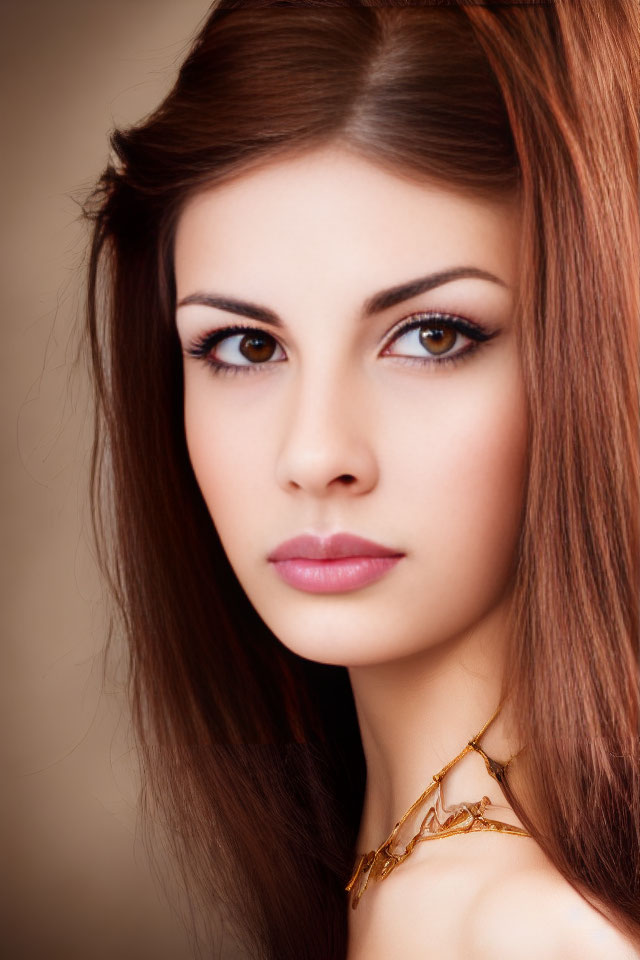 Portrait of Woman with Long Brown Hair and Striking Dark Eyes