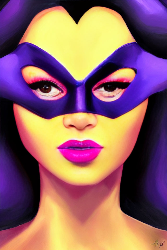 Vibrant digital art: Woman with purple mask and yellow heart, pink to purple background