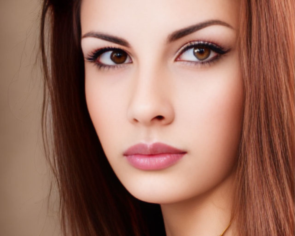 Portrait of Woman with Long Brown Hair and Striking Dark Eyes