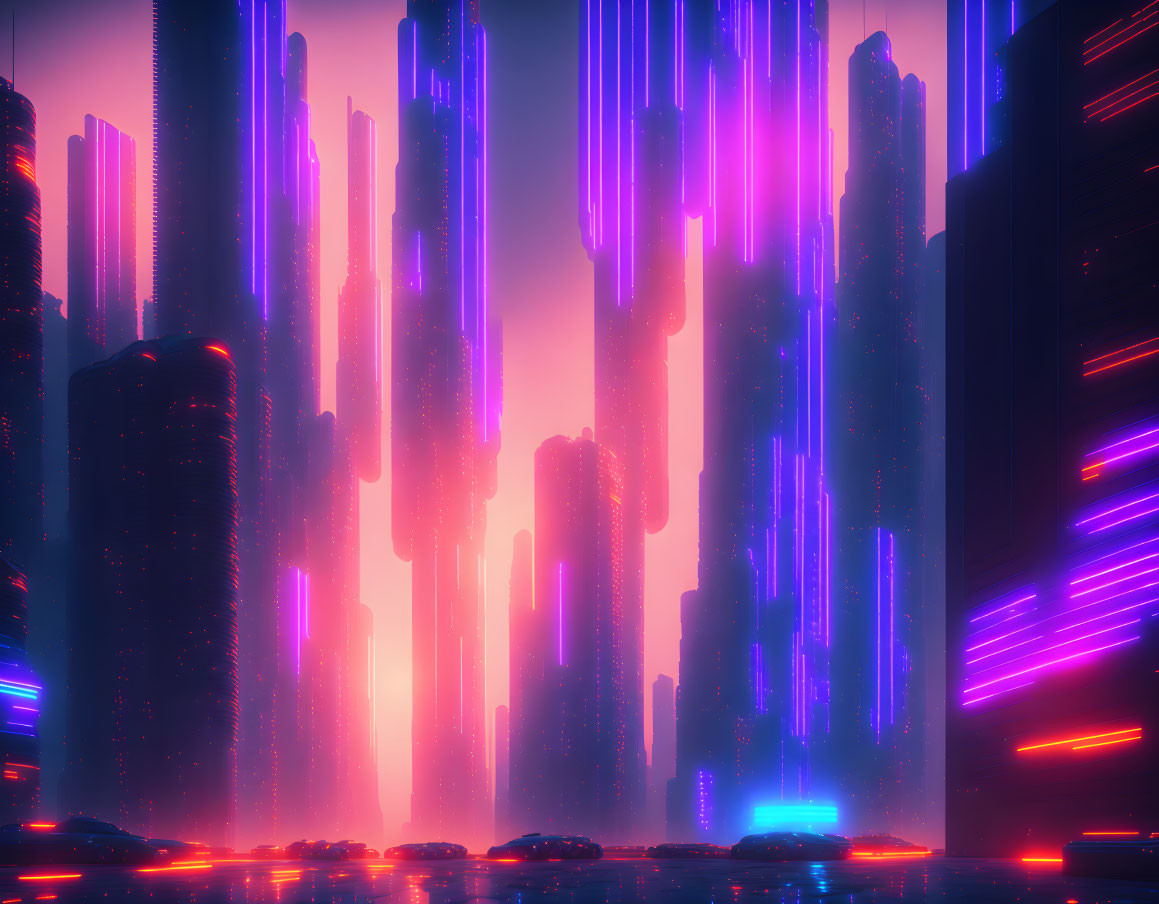 Neon-lit skyscrapers in futuristic cityscape at dusk