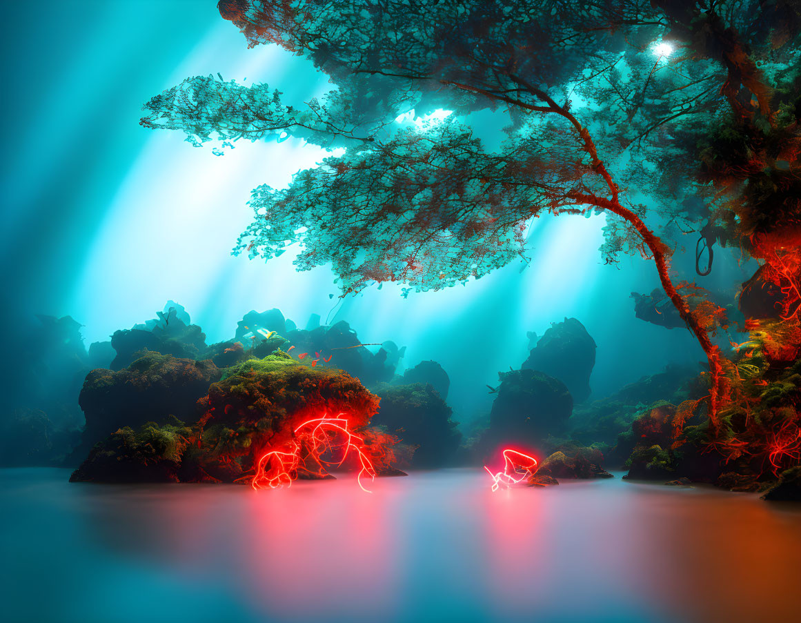 Mystical underwater scene with sunbeams, rocks, and neon tree.