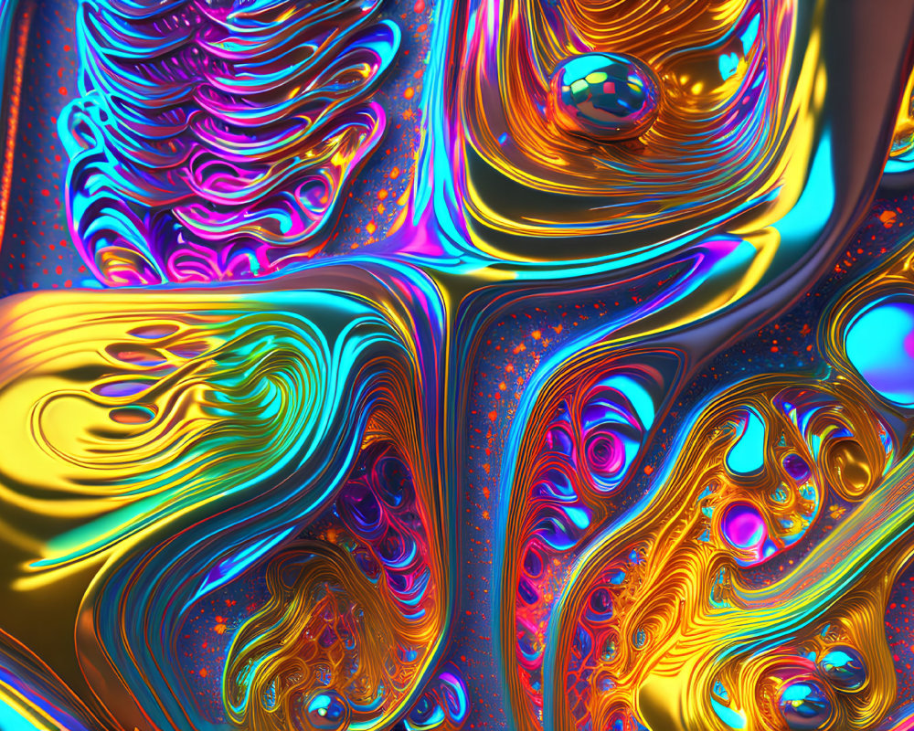 Abstract digital art with vibrant swirling patterns and metallic sheen