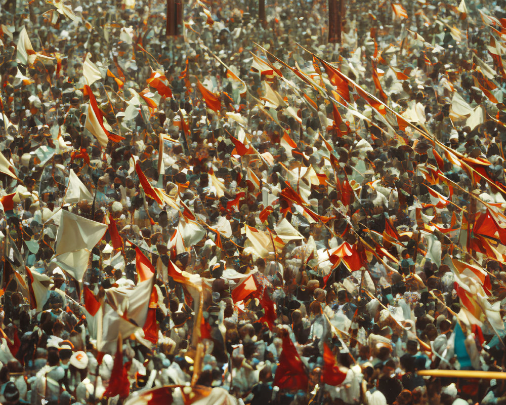 Crowded scene with white and red flags in vibrant display