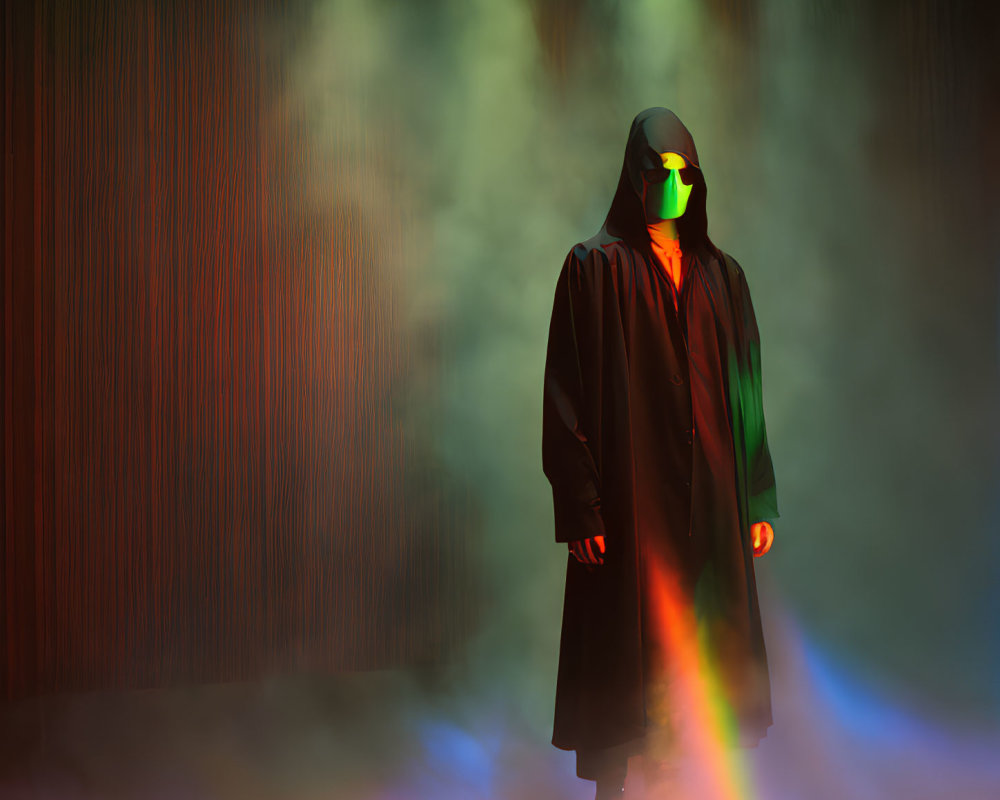 Hooded figure in colorful lighting and smoke