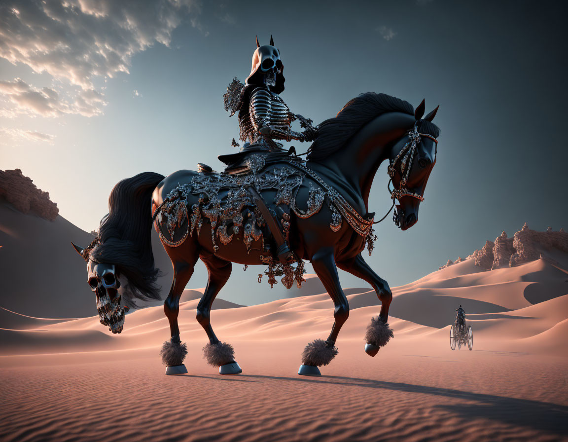 Skeletal figure in ornate armor riding horse in desert landscape