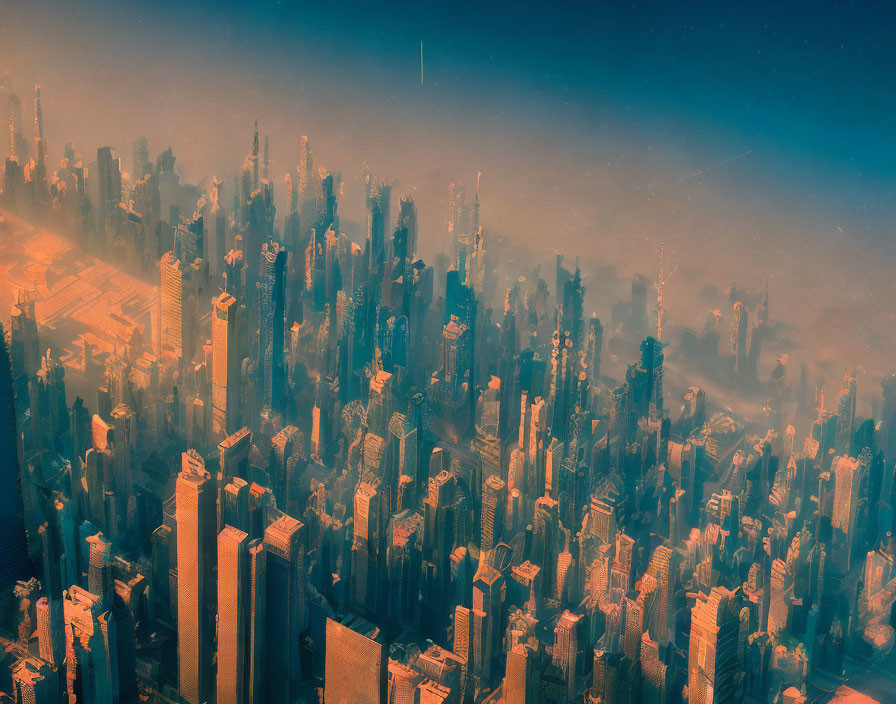 Dystopian cityscape with orange haze, misty skyscrapers, and flying aircraft