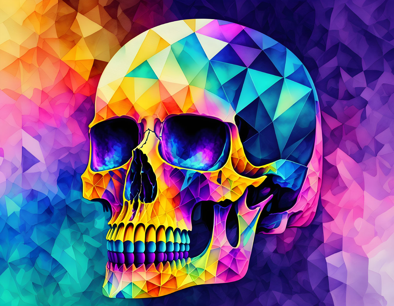 Multicolored digital artwork: Skull with sunglasses on geometric background