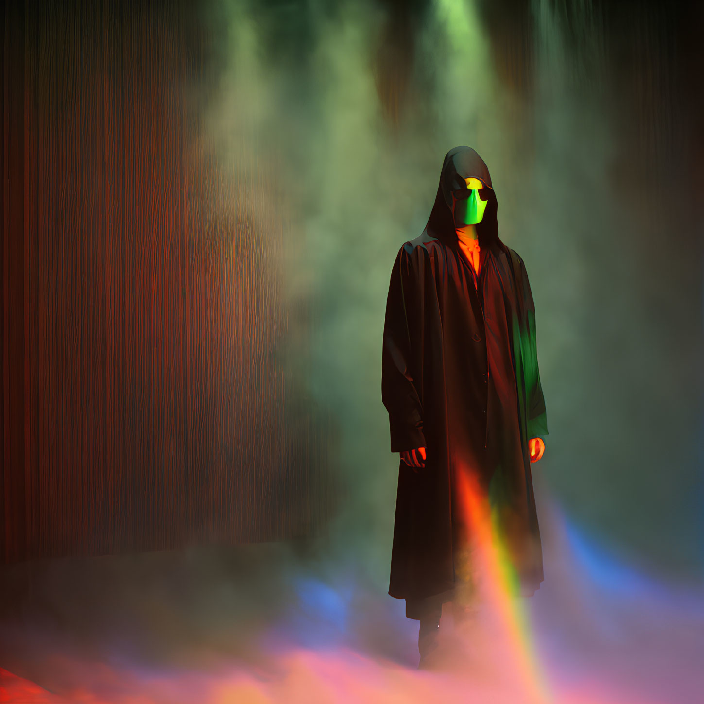 Hooded figure in colorful lighting and smoke