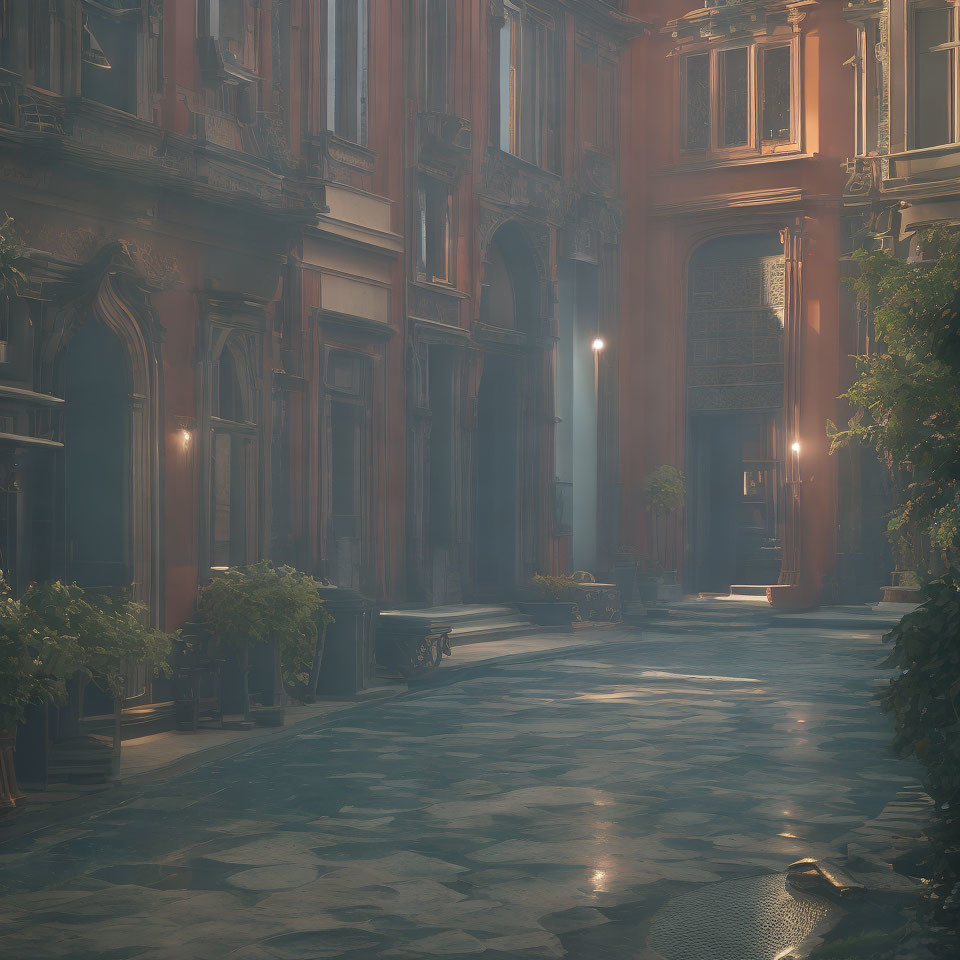 Sunlit hallway with columns, tiled floor, and lush greenery