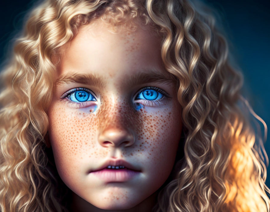 Child with curly blonde hair, blue eyes, and freckled skin in warm light