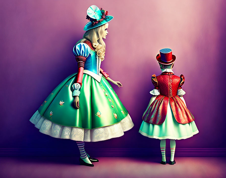 Colorful Stylized Figures in Extravagant Costumes on Purple Background