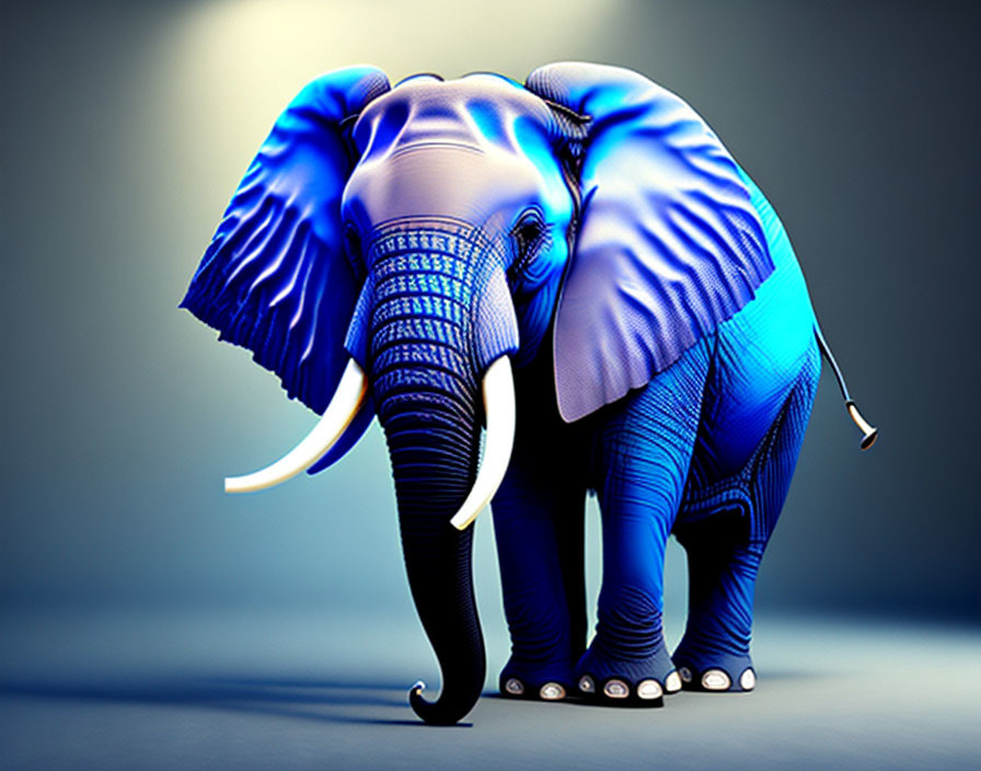 Blue and white patterned digitally rendered elephant with subtle backlighting