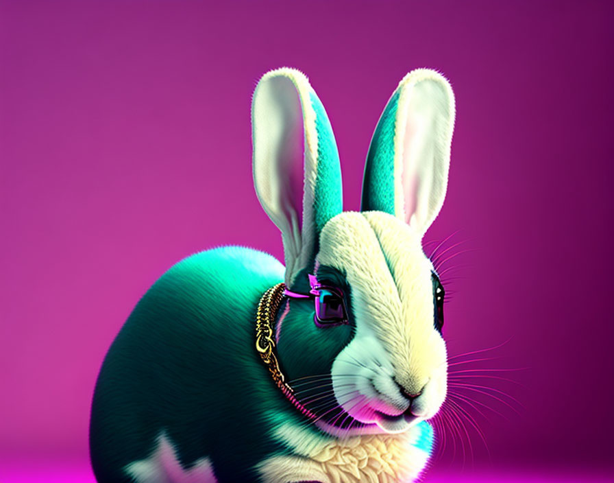 Digitally altered rabbit with teal and white fur and earring on purple background