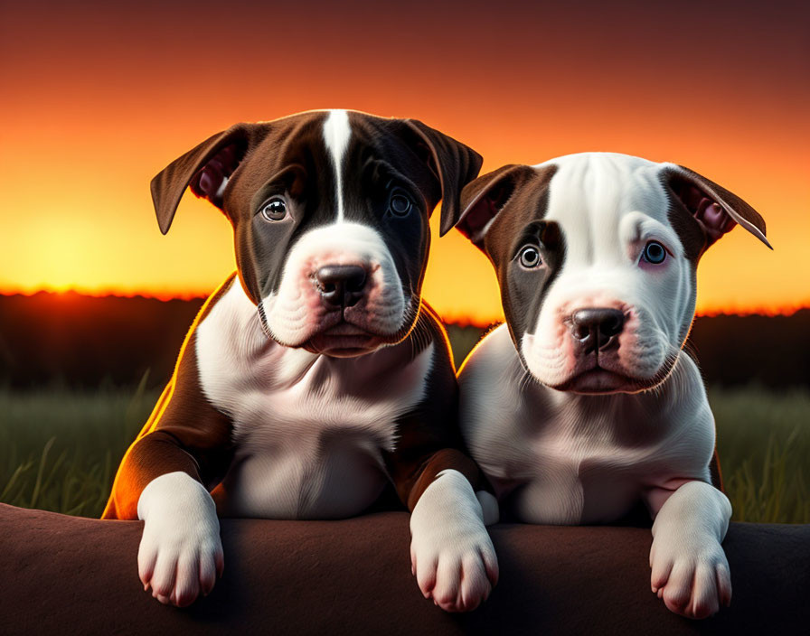 Two puppies sitting with vibrant sunset.